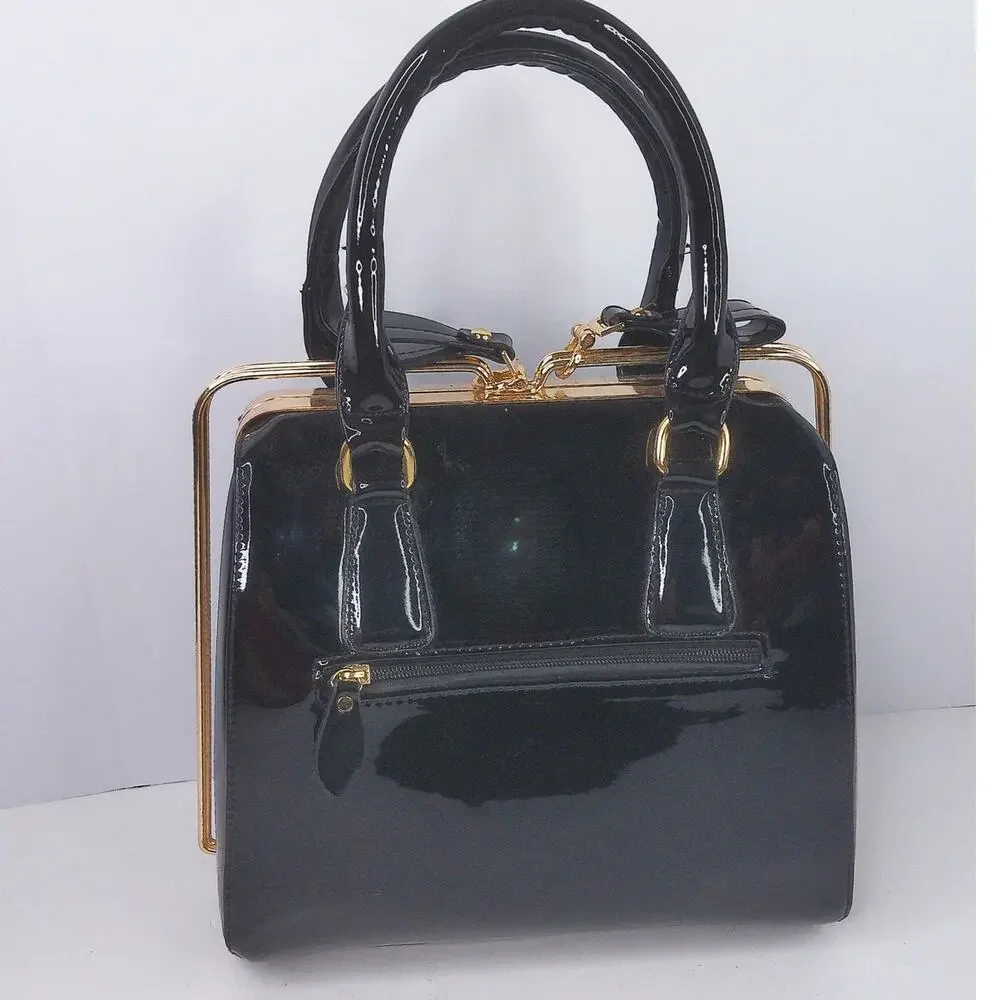 Vintage Y2K Black Patent Handbag Gold Frame Structured Top Handle Purse